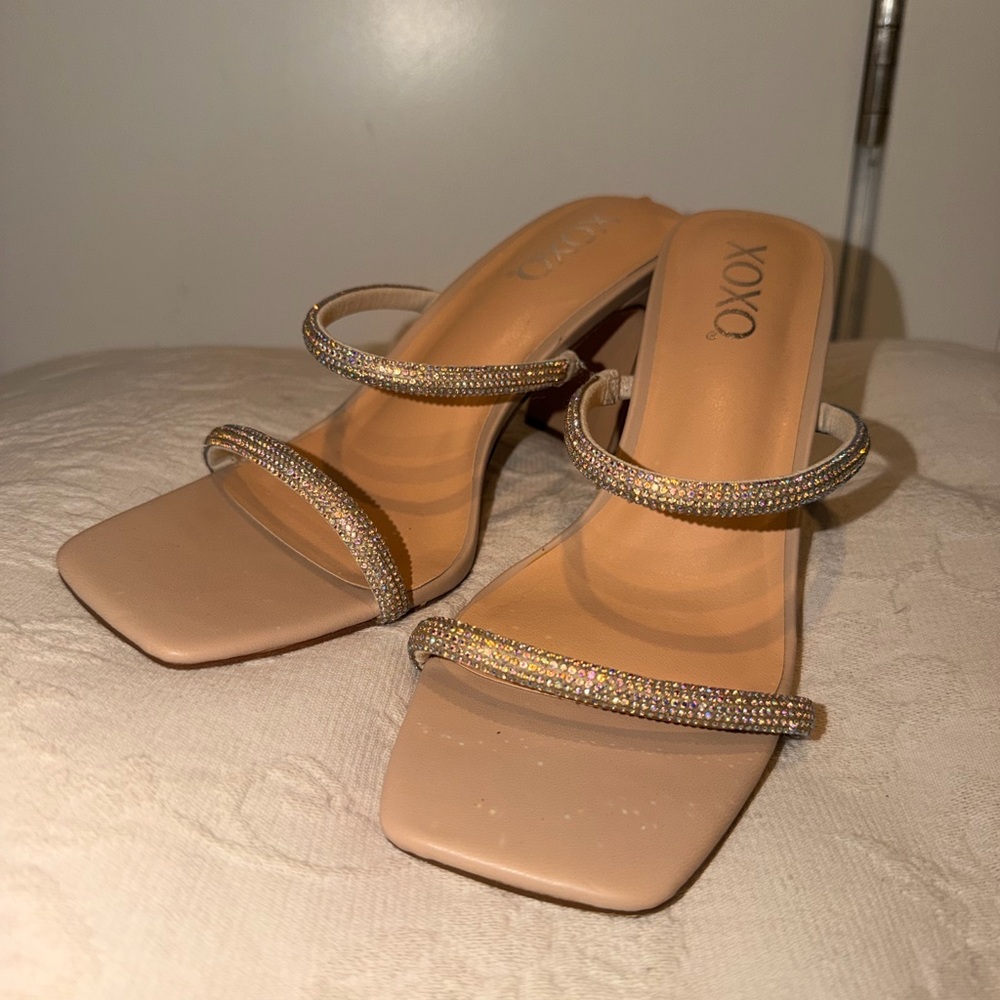 XOXO Nude Rhinestone Double-Strap Heeled Mules